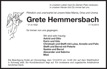 Traueranzeige von Grete Hemmersbach von Pegnitz-Zeitung